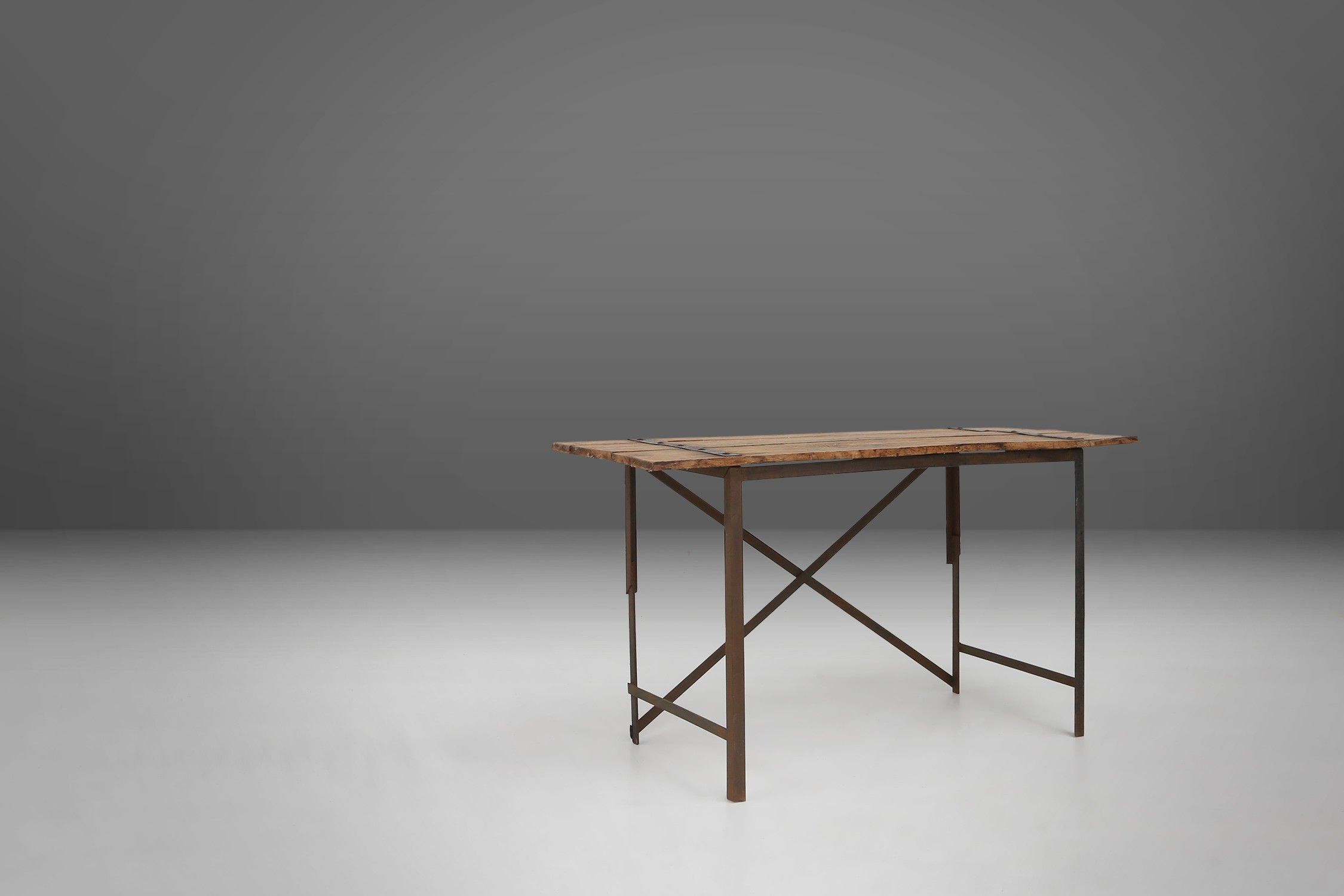  Industrial side tables with metal frame and wooden top and removable platform, Belgium, 1920thumbnail